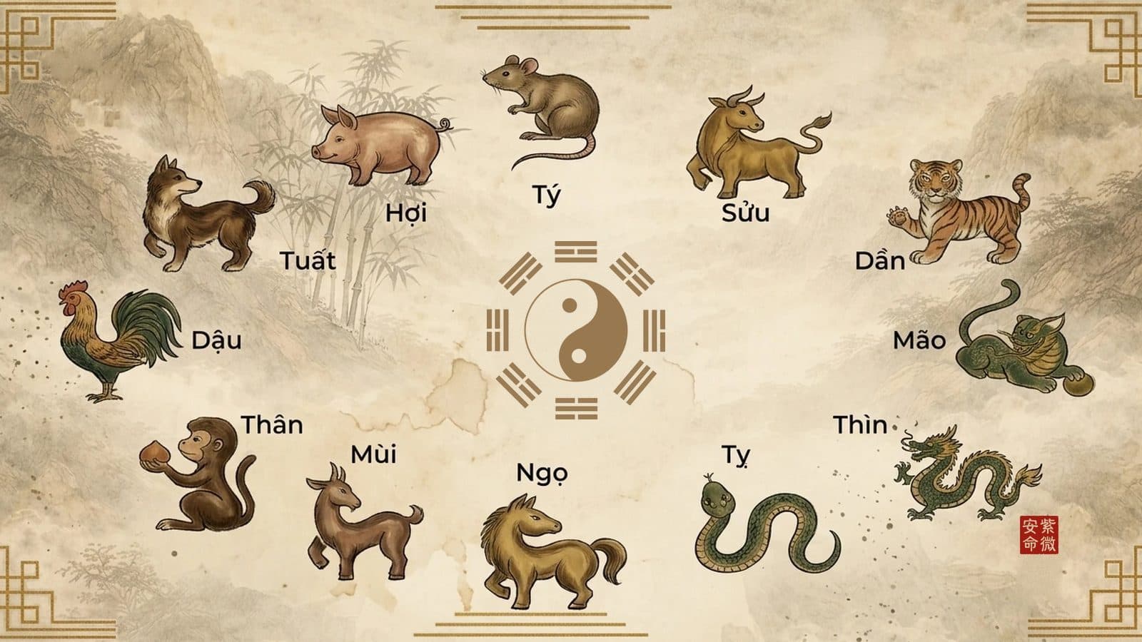 Mười hai con giáp vẽ thủy mặc xếp thành vòng quanh hình bát quái trên nền giấy cổ, minh họa tử vi ngày 21/10/2026 của 12 con giáp