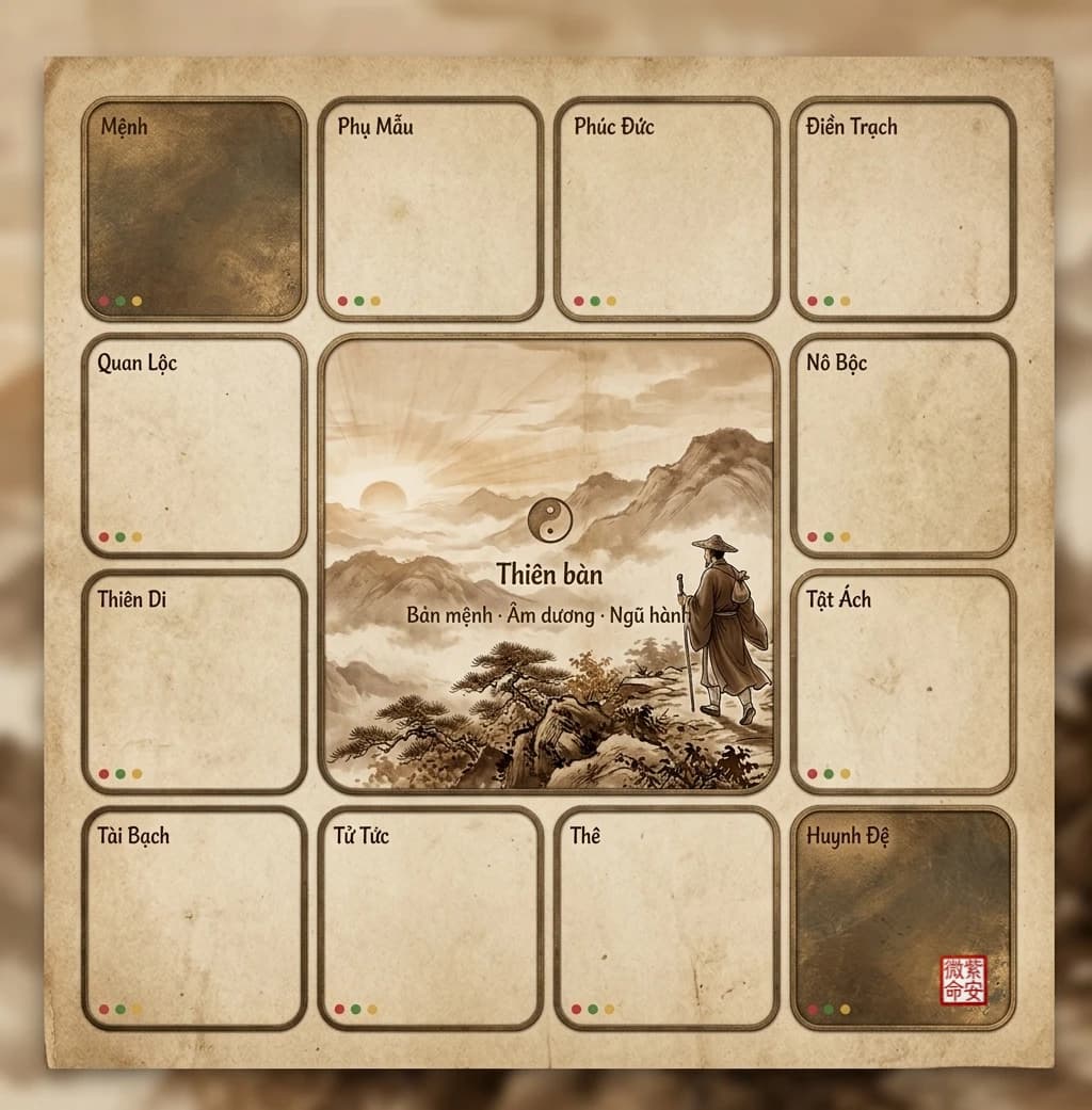 Cấu trúc bản lá số Tử Vi: 12 cung mệnh bố trí quanh Thiên bàn trung tâm