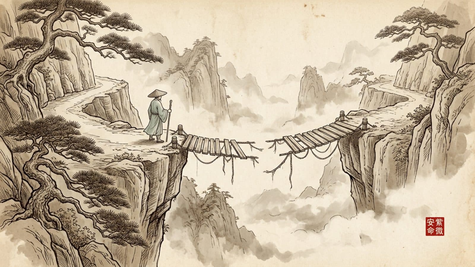 Con đường núi bị đứt ngang bởi vực sâu và cây cầu gỗ gãy, minh họa Triệt Lộ Không Vong