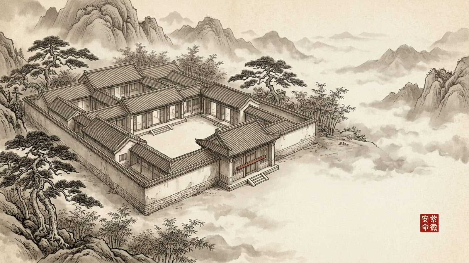 Khu nhà cổ nhiều gian quanh sân, hai gian liền nhau bị thanh gỗ chắn cửa, minh họa Tuần Triệt ở các cung
